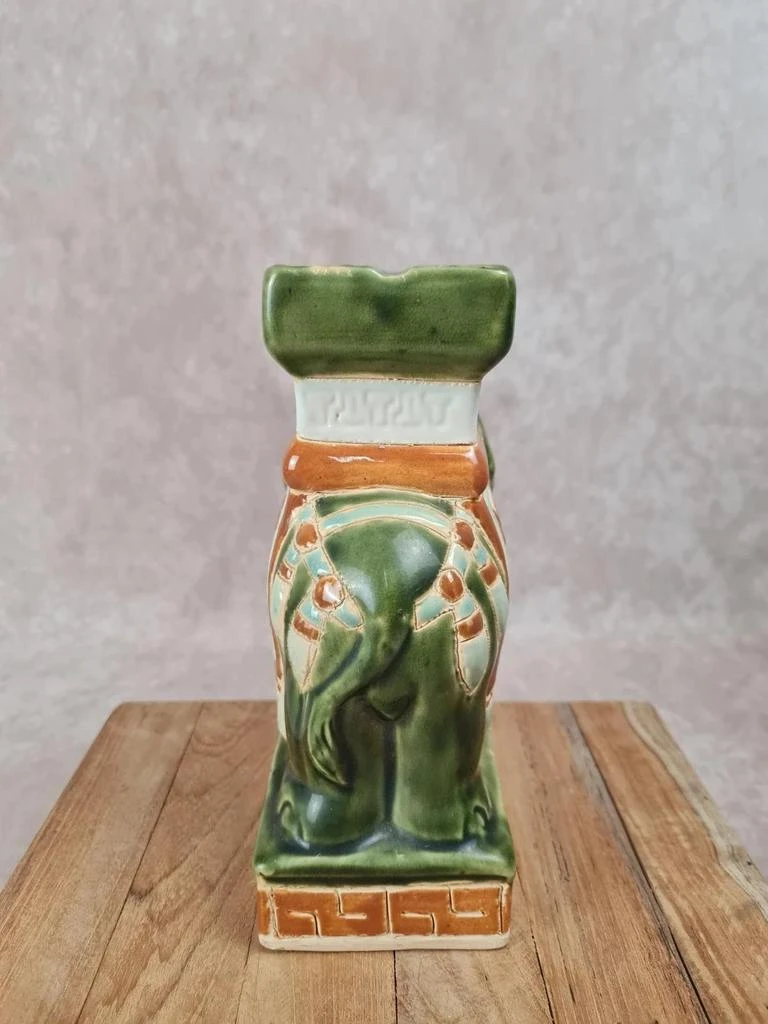 🐘 Groene en oker geëmailleerde keramische olifant asbak - vintage Aziatische stijl – photo 6